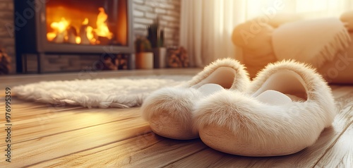 Cozy slippers by the fireplace, perfect for a warm and inviting home atmosphere. Ideal for relaxation and comfort. photo