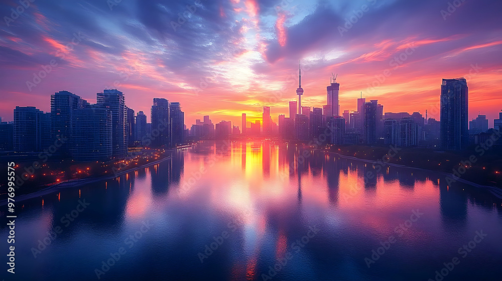 Fototapeta premium A vibrant sunrise illuminates a modern cityscape with a lake reflecting the sky.