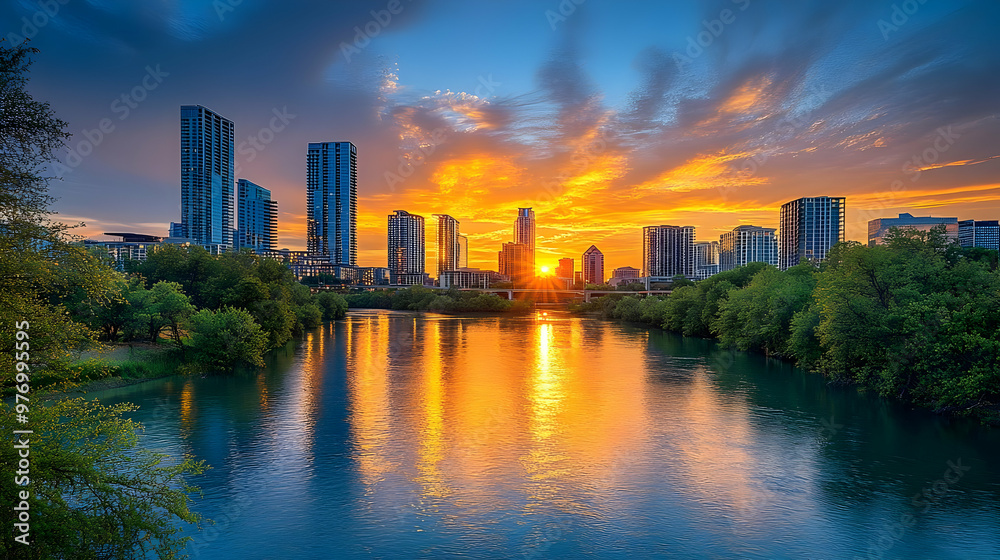 A vibrant sunrise illuminates the Austin skyline, reflected in the calm waters of Lady Bird Lake. A vibrant sunrise illuminates the Austin skyline, reflected in the calm waters of Lady Bird Lake.