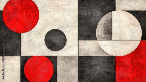 Abstract Geometric Art Red Black White Circles Squares Pattern Texture