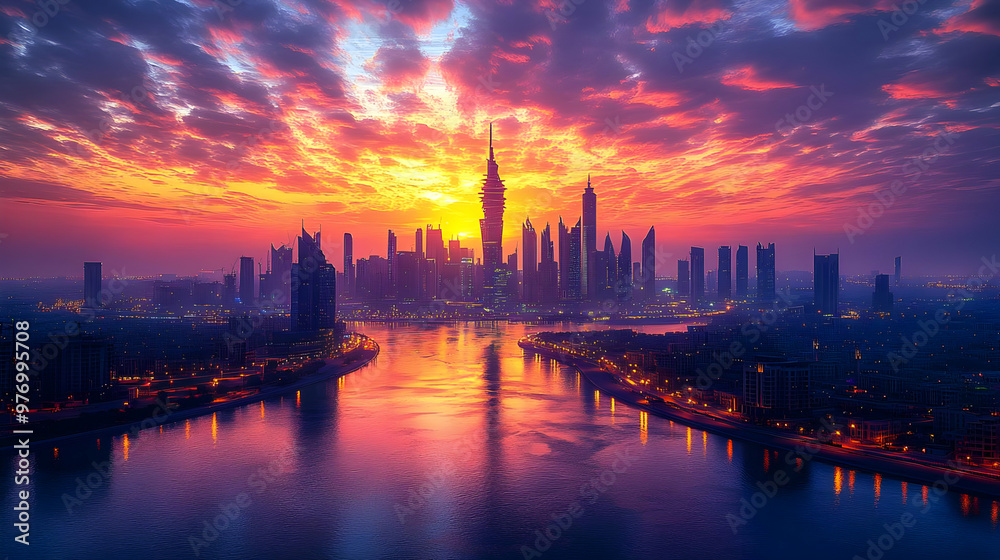 Fototapeta premium sunrise, cityscape, skyline