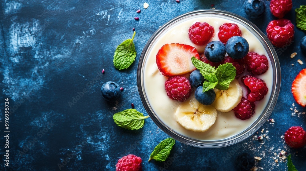 A bowl of fruit and yogurt with berries, raspberries, blueberries and mint leaves, AI A bowl of fruit and yogurt with berries, raspberries, blueberries and mint leaves, AI