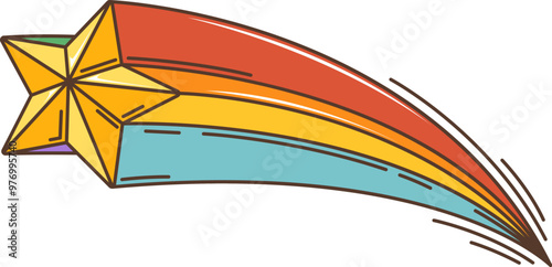Cartoon retro groovy hippie star symbol. Isolated vector falling comet with rainbow trail at night sky. Vibrant, funky, shooting twinkle, or golden star and colorful red, orange, and blue streaks