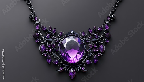 Elegant black necklace adorned with purple gemstones, perfect for enhancing beauty and style in any fashion collection. photo