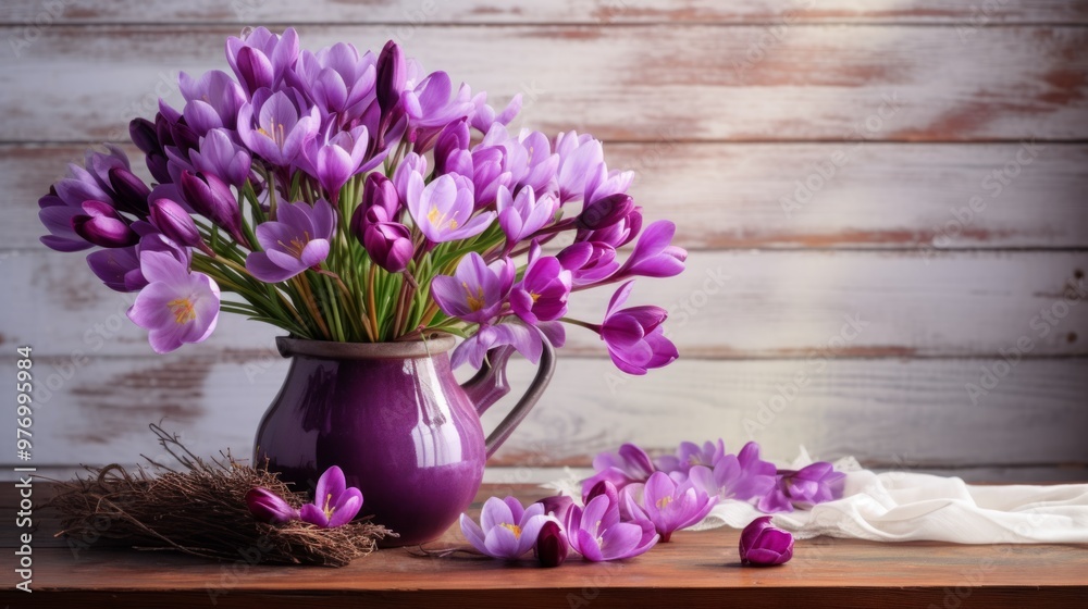 Crocuses in a vase on a wooden table with empty space for card posters Crocuses in a vase on a wooden table with empty space for card posters