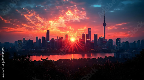 A vibrant sunrise over a ci...