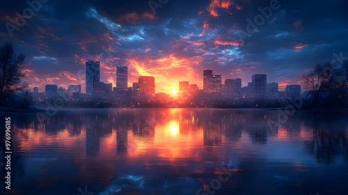 A vibrant sunrise over a ci...