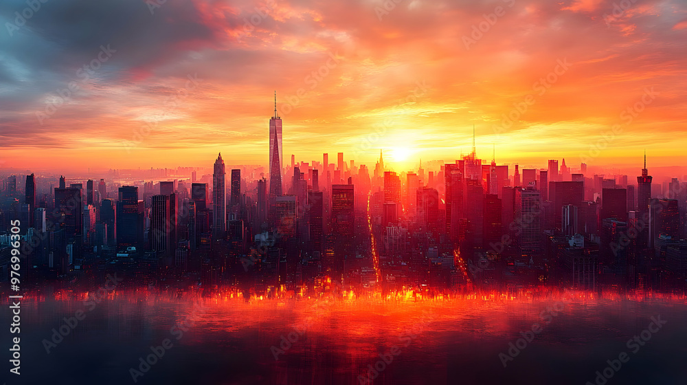 Fototapeta premium A vibrant sunrise over a cityscape with a dramatic sky and reflection.