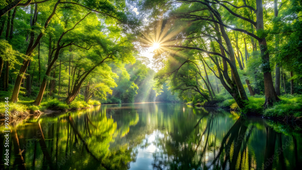 Sunlight streaming through dense forest canopy reflecting on tranquil watersheds below, Nature, forest, sunlight Sunlight streaming through dense forest canopy reflecting on tranquil watersheds below, Nature, forest, sunlight