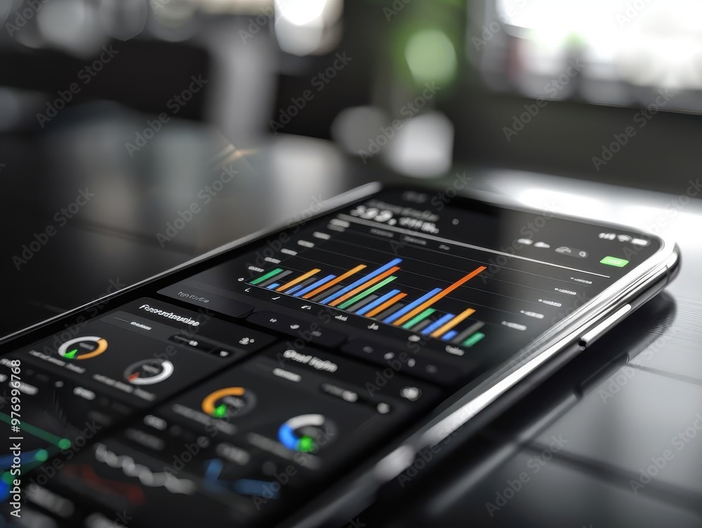 Close-up of a smartphone displaying a financial dashboard with colorful charts and metrics on a modern black desk. Close-up of a smartphone displaying a financial dashboard with colorful charts and metrics on a modern black desk.