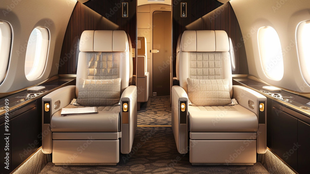 First class business luxury seats for vacations or corporate airplane travel with copy space area First class business luxury seats for vacations or corporate airplane travel with copy space area