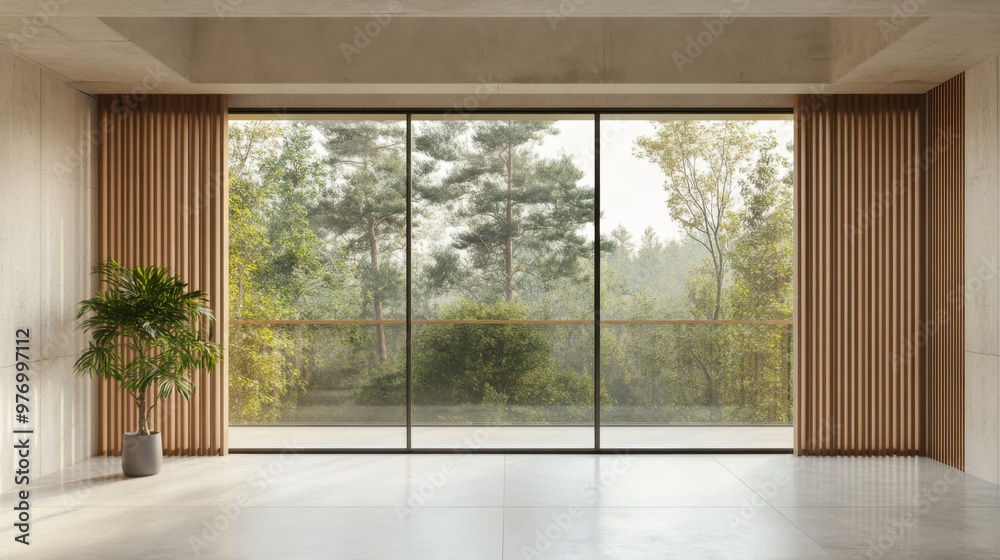 Obraz premium Hotel with balcony and forest view. Beige concrete room with terrace and nature landscape view. Modern villa architecture design for vacation and travel.