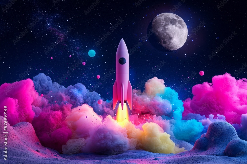 Retro rocket launching from an alien landscape, vibrant nebula and stars in the background, full moon overhead, colorful cosmic journey, vintage sci-fi aesthetic Retro rocket launching from an alien landscape, vibrant nebula and stars in the background, full moon overhead, colorful cosmic journey, vintage sci-fi aesthetic