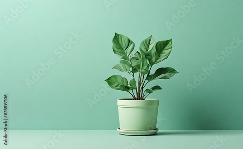 illustration of a home plant on a pastel green background with copy space