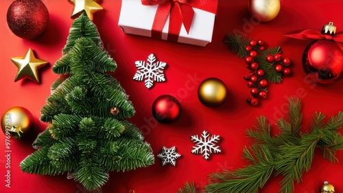 Holiday Ornament Arrangement: Top view of artisanal gift boxes, chic tree embellishments, red and gold balls, glimmering star, snowflakes, mistletoe berries on red surface, ready for your festive text
