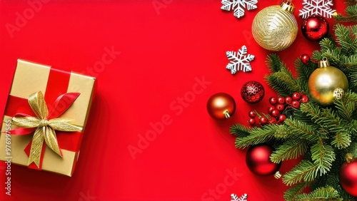 Holiday Ornament Arrangement: Top view of artisanal gift boxes, chic tree embellishments, red and gold balls, glimmering star, snowflakes, mistletoe berries on red surface, ready for your festive text