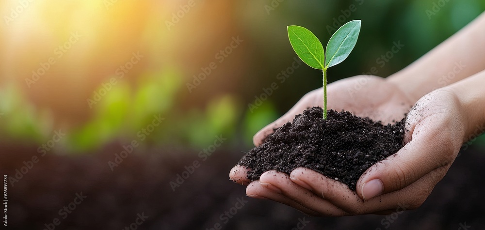 Young plant sprouting from rich soil, with blurred background of a farmer s nurturing hands, capturing renewal and growth, seedling, nurturing the earth Young plant sprouting from rich soil, with blurred background of a farmer s nurturing hands, capturing renewal and growth, seedling, nurturing the earth