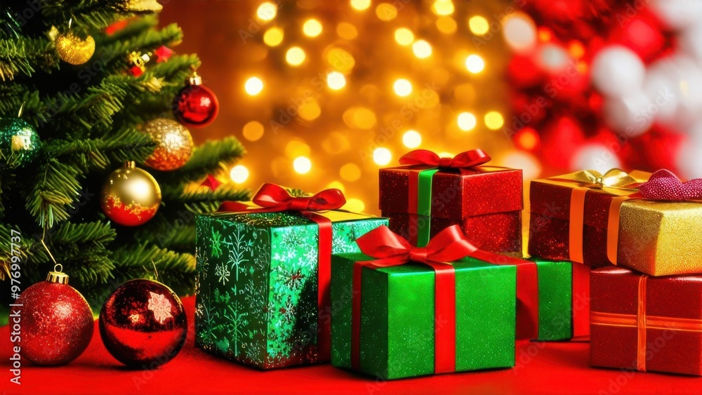 Groups of Christmas presents and balls against the backdrop of a festive Christmas tree with colored festive lights