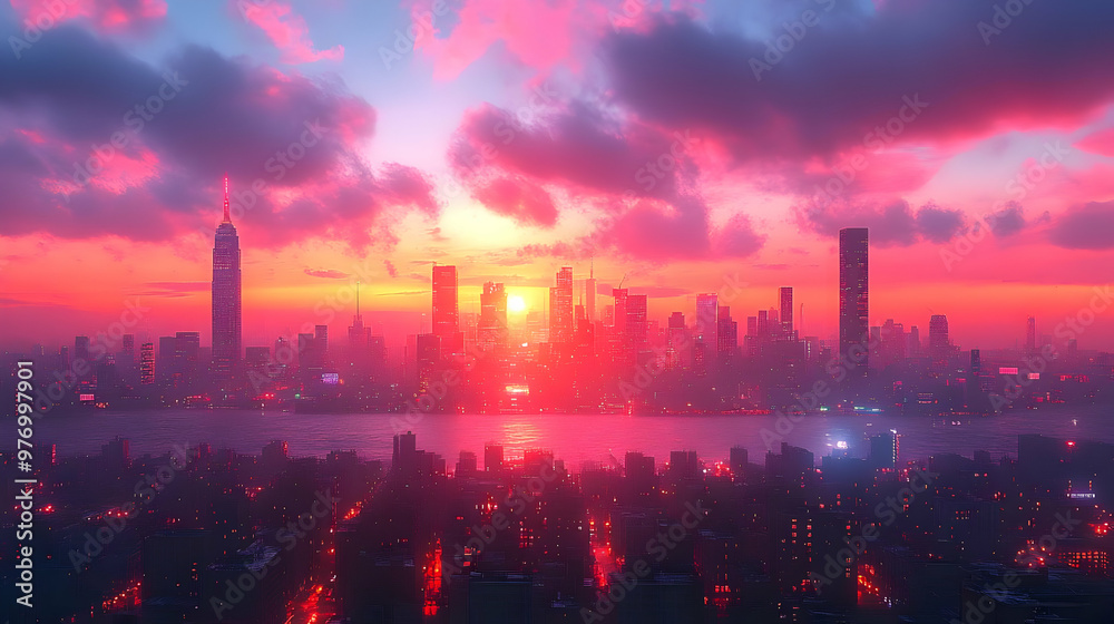 A vibrant sunset casts a pink glow over a cityscape, with skyscrapers and a river reflecting the light. A vibrant sunset casts a pink glow over a cityscape, with skyscrapers and a river reflecting the light.
