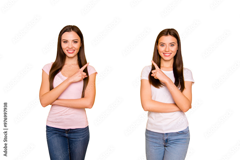 Portrait of nice cute charming lovely sweet attractive cheerful cheery straight-haired ladies pointing forefingers up isolated over bright vivid shine background Portrait of nice cute charming lovely sweet attractive cheerful cheery straight-haired ladies pointing forefingers up isolated over bright vivid shine background