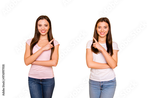 Portrait of nice cute charming lovely sweet attractive cheerful cheery straight-haired ladies pointing forefingers up isolated over bright vivid shine background