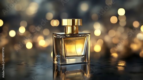 A golden perfume bottle with a shiny finish sits on a glossy surface, with warm and inviting golden bokeh lights in the background. photo