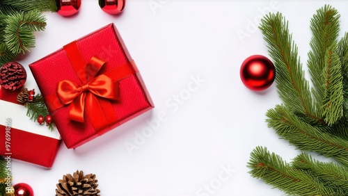 Christmas composition. Gifts, fir tree branches, red decorations on white background. Christmas, winter, new year concept. Flat lay, top view, copy space