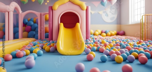 Indoor playground with a slide and colorful balls. photo