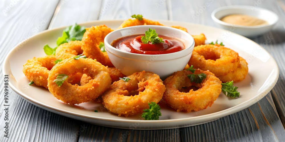 Delicious fried shrimp rings drizzled with sauce on a white plate, shrimp, fried, rings, crispy, appetizer, seafood, delicious, tasty Delicious fried shrimp rings drizzled with sauce on a white plate, shrimp, fried, rings, crispy, appetizer, seafood, delicious, tasty