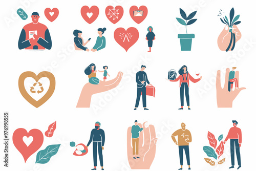 Charitable Volunteer and Social Aid Elements with Tiny Person Set, Including Financial Support, Medical Care, Education Supplies and Food Donations for Underprivileged Communities