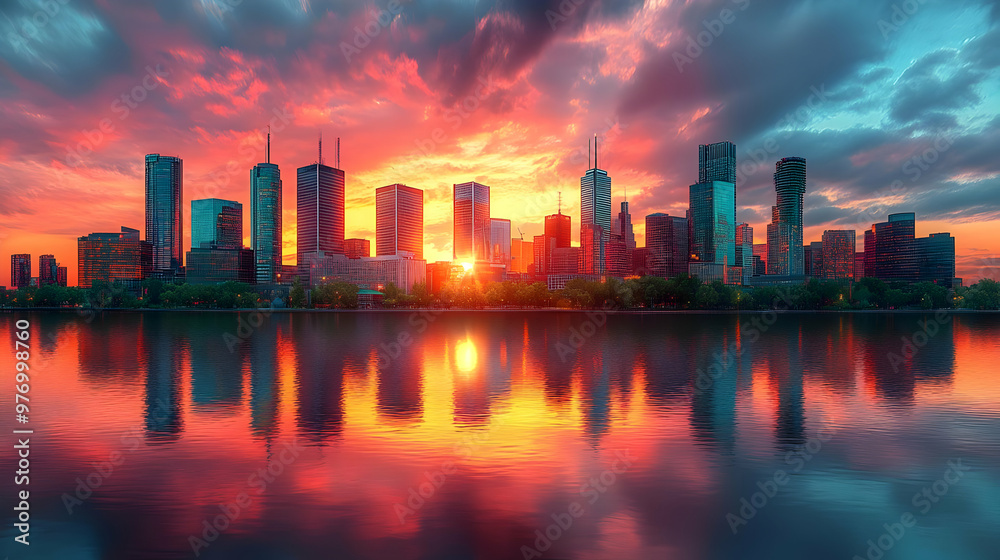 Fototapeta premium A vibrant sunset casts a warm glow over a modern cityscape reflected in the calm waters of a river.
