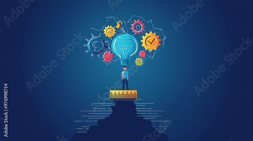 man stands on the top of three dimensional gears with an idea light bulb above his head and colorful flat icons floating around him photo