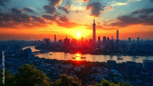 A vibrant sunset casts a warm glow over a modern cityscape, with a prominent skyscraper reaching towards the sky.