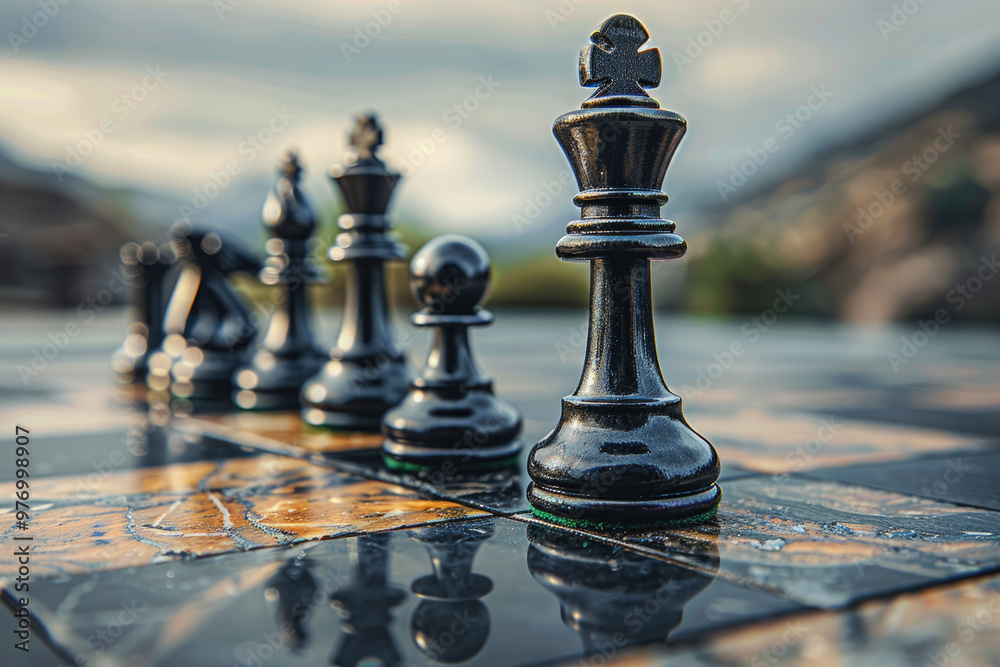 Close-Up of Chess King on Wooden Chessboard with Pieces in Blurred Background Close-Up of Chess King on Wooden Chessboard with Pieces in Blurred Background