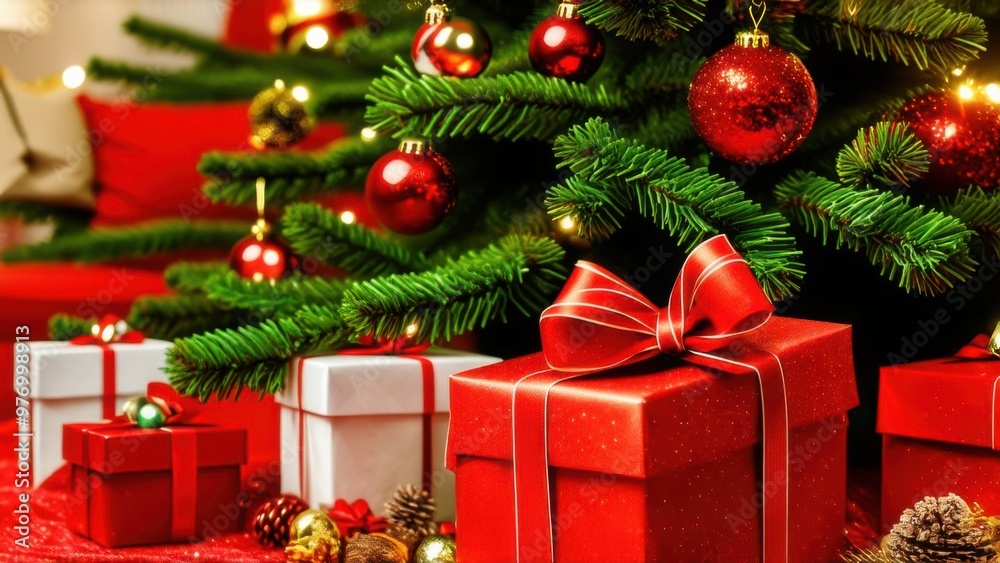 Gift boxes under Christmas tree in living room Gift boxes under Christmas tree in living room