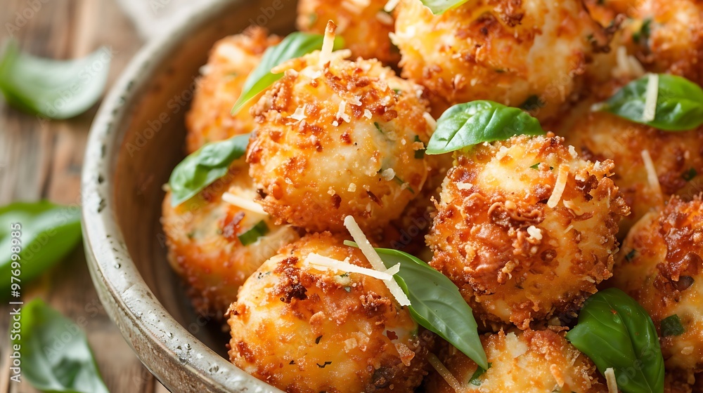 Crunchy tiny fried knobs topped with basil and cheese Crunchy tiny fried knobs topped with basil and cheese
