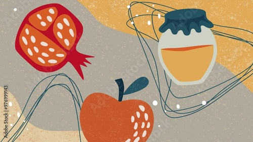 Animated boho-style background in 4K resolution, featuring traditional Rosh Hashanah symbol apple, pomegranate, and honey. 
Ideal for stock use in holiday-themed content.