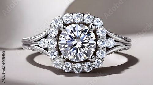  Close-up of a diamond engagement ring featuring a halo setting, showcasing its brilliance and intricate design.