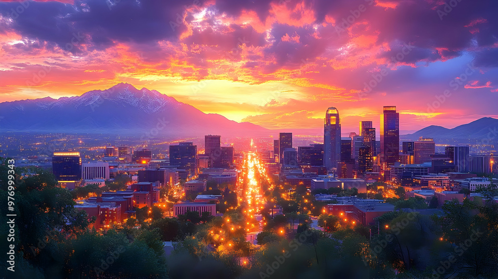 A vibrant sunset casts an orange glow over a city skyline with snow-capped mountains in the distance. A vibrant sunset casts an orange glow over a city skyline with snow-capped mountains in the distance.