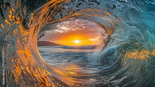 Stunning Sunrise View Through the Barrel of a Crystal Ocean Wave photo