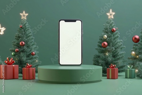 Smartphone con schermo bianco su piedistallo, con alberi di Natale e confezione regalo ai lati, tema verde photo