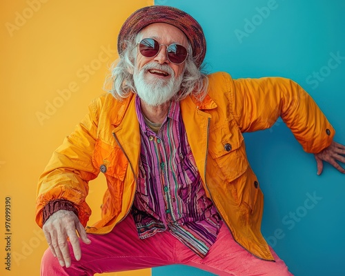 Stylish senior man in eccentric clothing posing on a bright background, fun and quirky