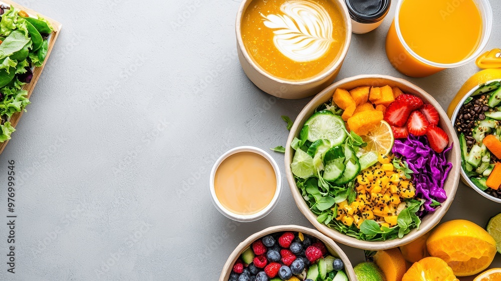 Healthy Lunch Bowls with Fresh Fruit and Vegetables on Grey Background Healthy Lunch Bowls with Fresh Fruit and Vegetables on Grey Background