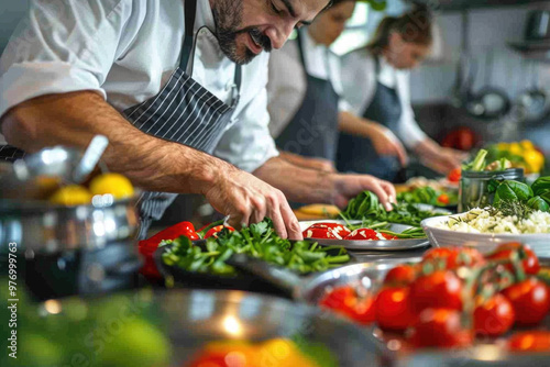 Man Preparing Food at Vibrant Farmers Market - Fresh Vegetables and Herbs in Busy Market Stall