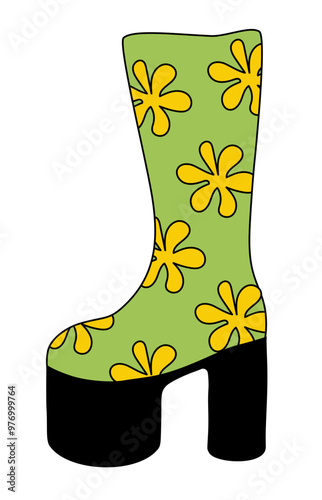 Trendy 1980 retro disco green boot with flowers. Vintage shoe. Vector flat illustration.