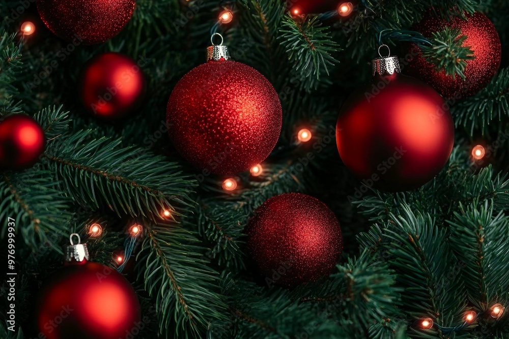 Above view on pine tree branches with Christmas fairy lights and red baubles Above view on pine tree branches with Christmas fairy lights and red baubles