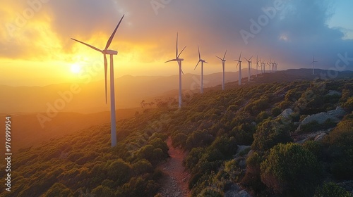 Wind Turbines Silhouette Against the Setting Sun