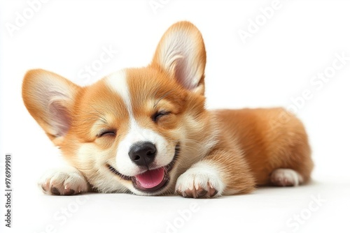 Happy corgi puppy winking and smiling, isolated on a white background, cute and charming.