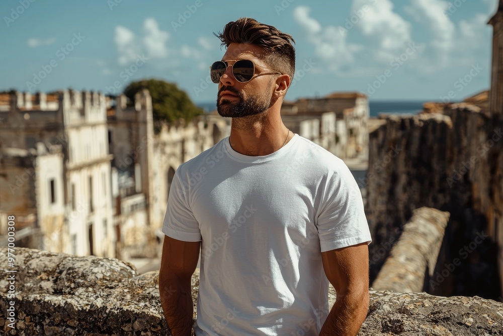 In casual urban style, this handsome hipster male model with beard wears a white blank t-shirt with space for your logo or design