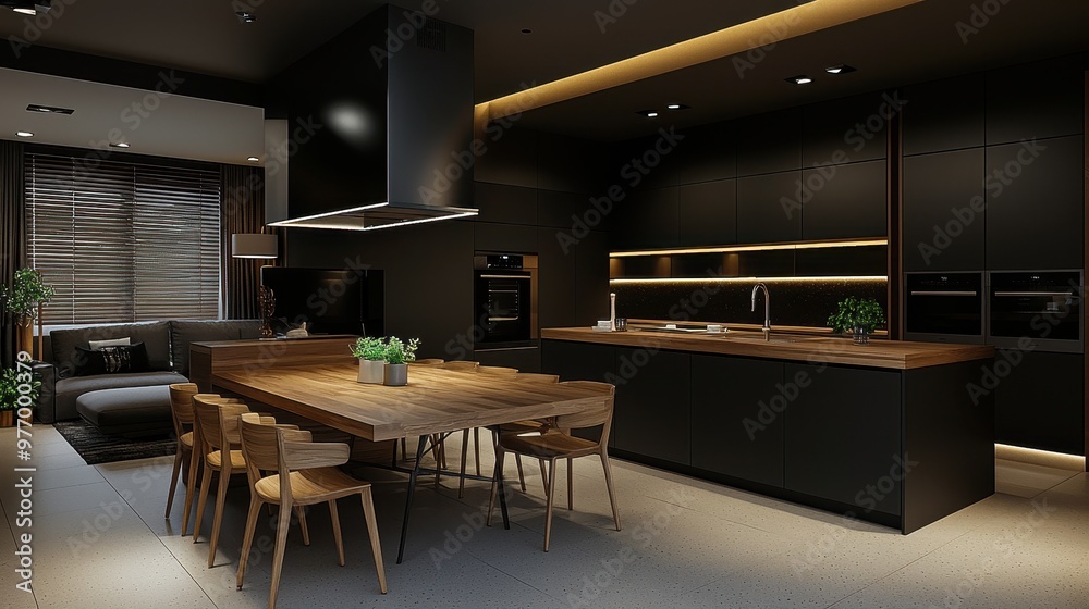 Fototapeta premium Modern Black Kitchen Interior Design with Wooden Dining Table and Chairs